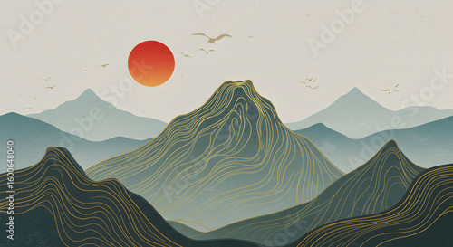 Mountain and sun Abstract art background vector. Luxury oriental style watercolor background with line art and brush texture. Wallpaper design for prints, cover, banner, wall art and home decoration.