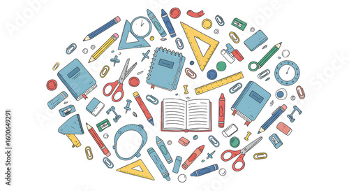 Wallpaper Mural Illustration of various school supplies arranged in a decorative, eye-shaped pattern. Torontodigital.ca