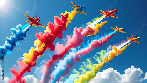 Airshow with colorful planes trailing smoke, vector banner. Generative AI