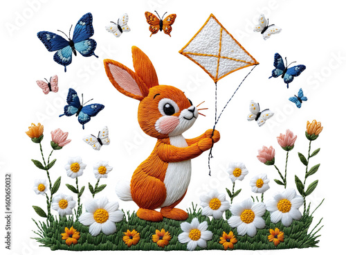 Orange rabbit holding a kite surrounded by butterflies and flowers . cute embroidery for dtf printing 