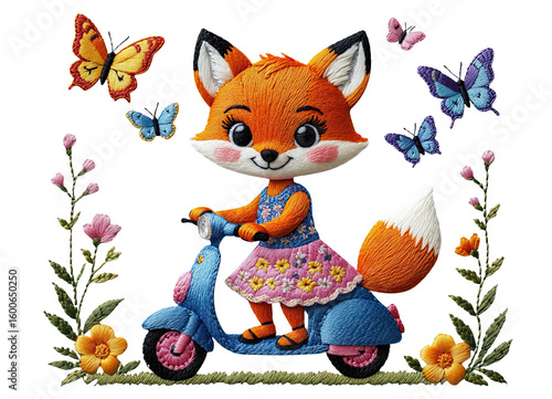 Cute fox girl riding a scooter surrounded by butterflies and flowers . cute embroidery for dtf printing 