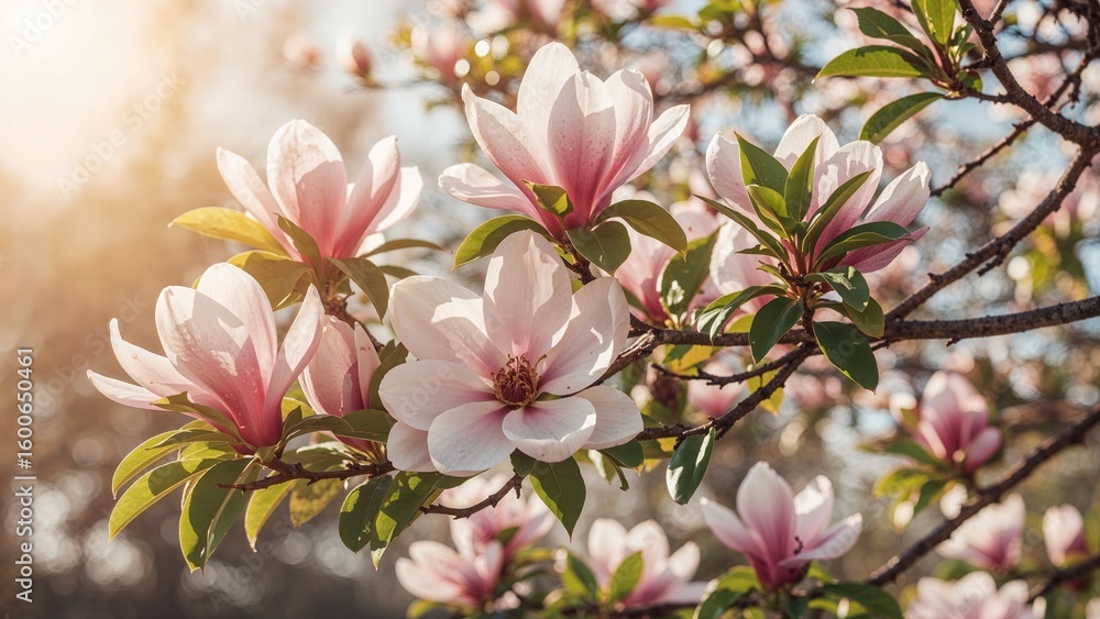 Fototapeta premium A magnolia shoot showcasing pretty pink petals and verdant leaves under a clear spring sky