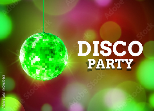Green disco party design with hanging mirror ball and glowing colorful bokeh lights for dance celebration or club night invitation