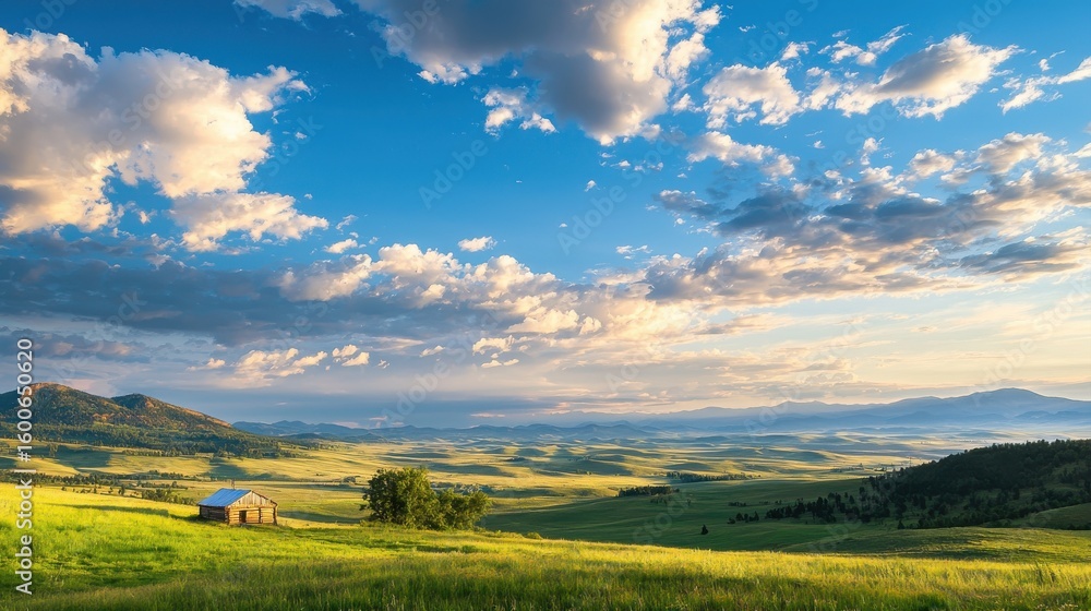 Fototapeta premium A vast countryside landscape with rolling green hills, scattered trees, a small cabin, and a dramatic sky filled with fluffy clouds during sunset.