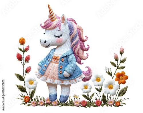 Cute unicorn wearing a blue jacket surrounded by colorful flowers, cute embroidery for dtf printing