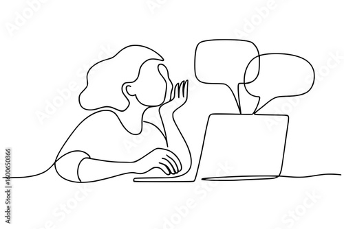 Minimalist one line drawing of a person working on laptop with speech bubbles
