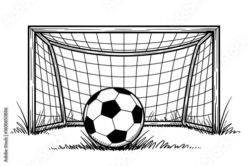 Soccer ball in front of a goal net with grass