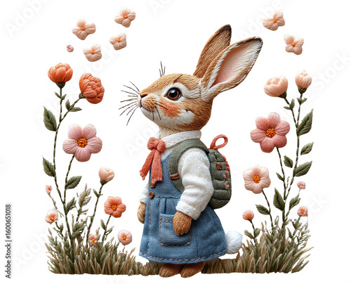 Rabbit wearing a backpack and standing among flowers in spring. cute embroidery for dtf printing