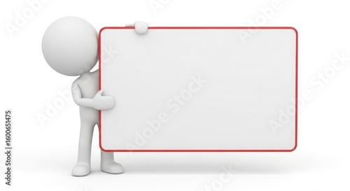 A small white figure holding a large blank rectangular sign with red trim.