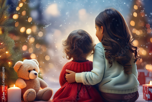 姉妹2人でクリスマスイルミネーションを見ている