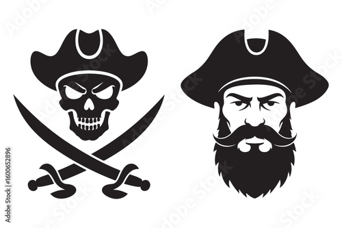 Simple black silhouette pirate with beard and classic jolly roger skull and crossbones flag design
