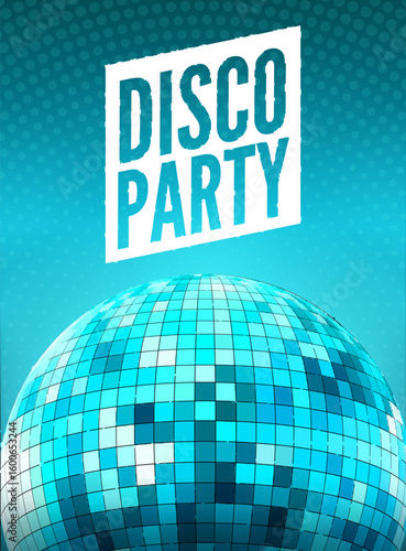 Disco party invitation design with shiny mirror ball and retro blue background for nightlife dance event or celebration flyer