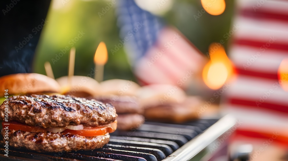 Fototapeta premium Burgers on a grill outdoors with a blurred background of red white and blue.