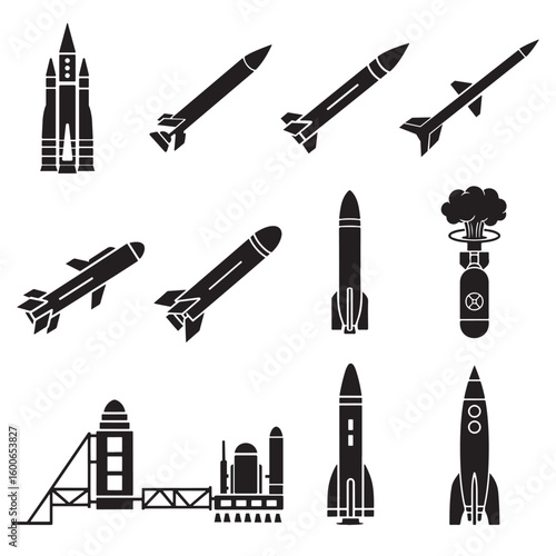 Rocket and Missile Vector Icon Set. Military weapon silhouettes including nuclear bomb, torpedo, and launch systems.