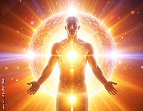 A radiant human figure stands centered before a glowing, spherical energy field, arms outstretched.