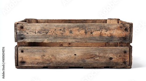 A weathered, rectangular wooden crate, showing age and wear with visible wood grain, nail heads, and staining; empty and isolated on a white background