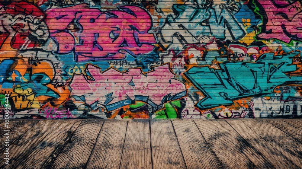 Fototapeta premium Graffiti covered brick wall and wooden floor.