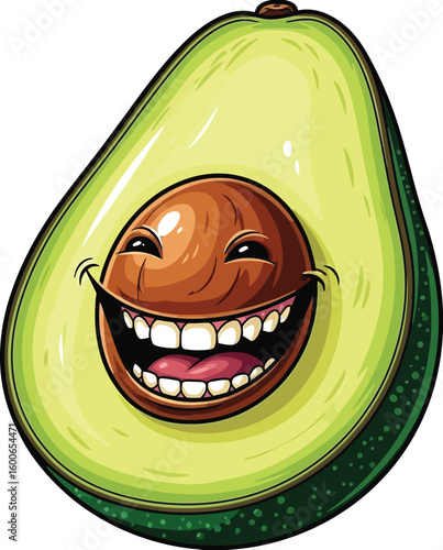 A cheerful cartoon avocado slice showcases a wide, toothy grin, with its pit transformed into a smiling face, perfect for adding a playful touch to food-related designs.