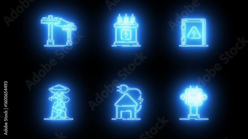 Electrical Infrastructure Neon Icons Set: Substation, Transformer, Circuit Box, Transmission Tower, Plugged House, Smart Meter	