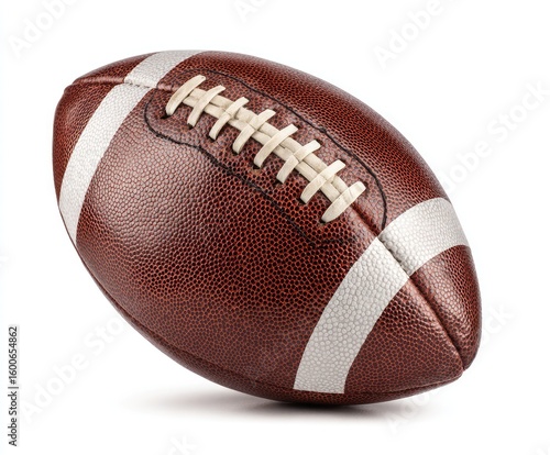 A brown leather American football, laces visible, rests on a white background, angled slightly to the left, showcasing its textured surface and white stripes