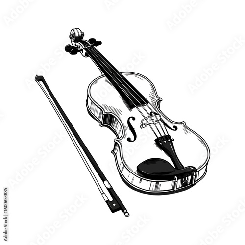 Violin and Bow - Classical String Instrument Sketch Illustration