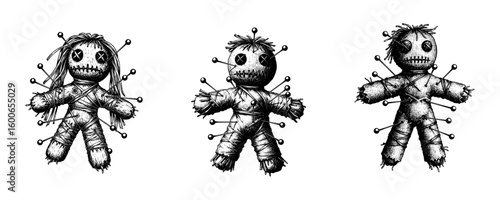 Voodoo Doll with Pins - Creepy Black Magic Hand-Drawn Set
