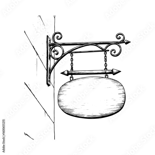 Vintage Hanging Wooden Sign with Ornate Bracket - Storefront Mockup