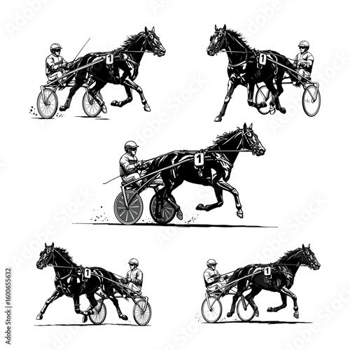 Harness Racing with Trotting Horse and Sulky - Graphic Vector Set