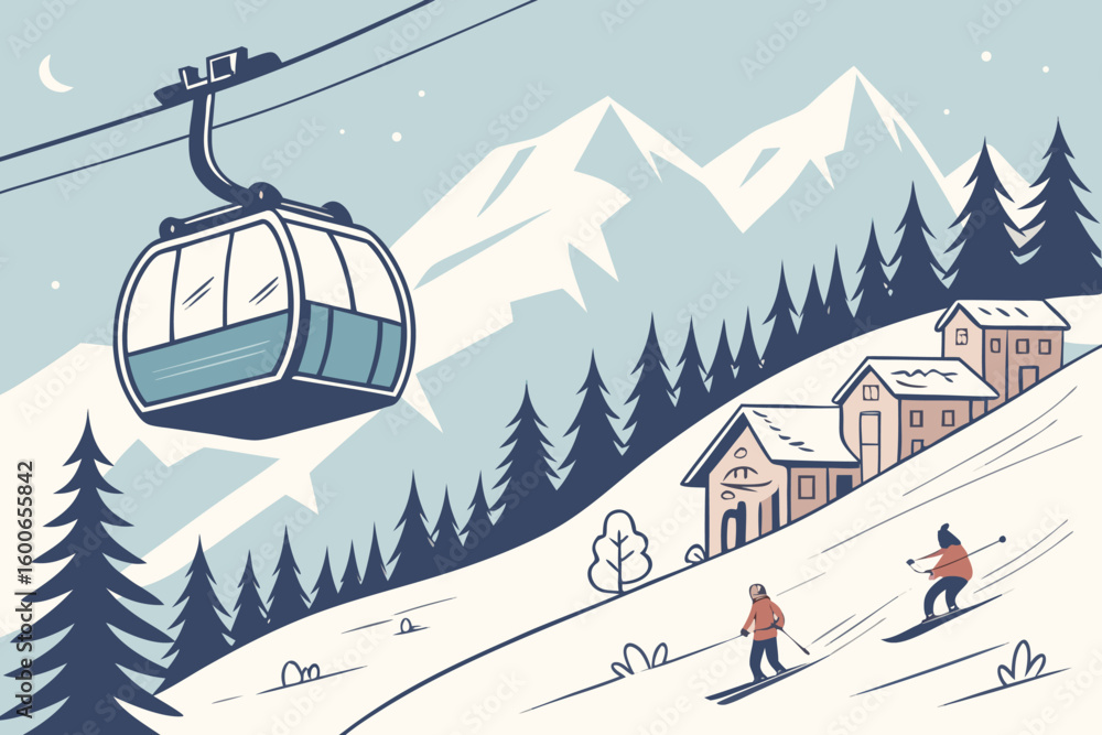 Obraz premium Illustration of ski lift, skiers, and cabins on a snowy mountain slope with pine trees and mountains