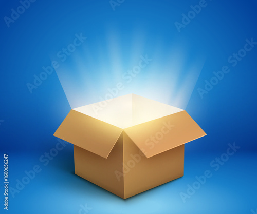 Open cardboard box with glowing light beams shining from inside on blue background symbolizing mystery surprise or discovery concept