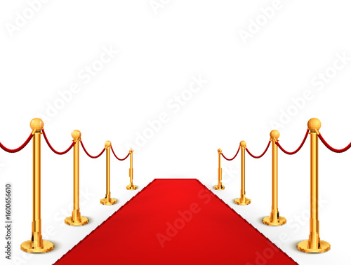 Red carpet walkway with gold stanchions and velvet ropes on white background for awards ceremony gala or VIP entrance design