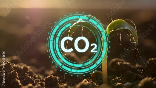 Wallpaper Mural CO2 plant seedling soil sunlight environment growth carbon nature green, young plant seedling growing soil with sunlight and digital CO2 icon, symbolizing carbon dioxide absorption, environmental Torontodigital.ca