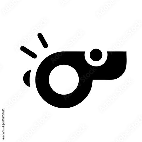 Vector art of a black and white graphic icon of a whistle with sound waves emanating from it symbolizing a signal or alert