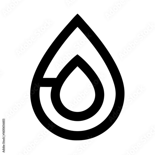 Vector art of a minimalist black and white graphic icon representing a stylized water drop with concentric rings symbolizing purity and fluidity