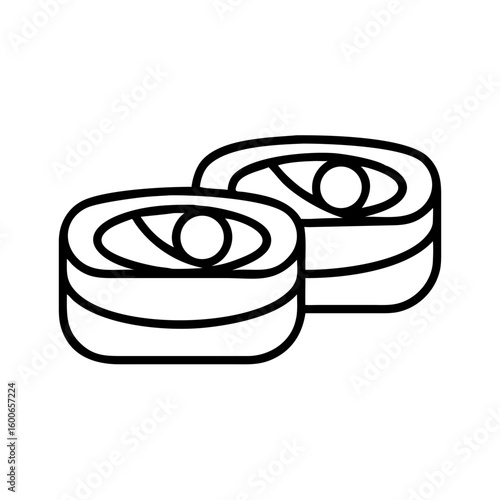 Vector art of a simple black and white outline illustration of two pieces of sushi presented from a side view