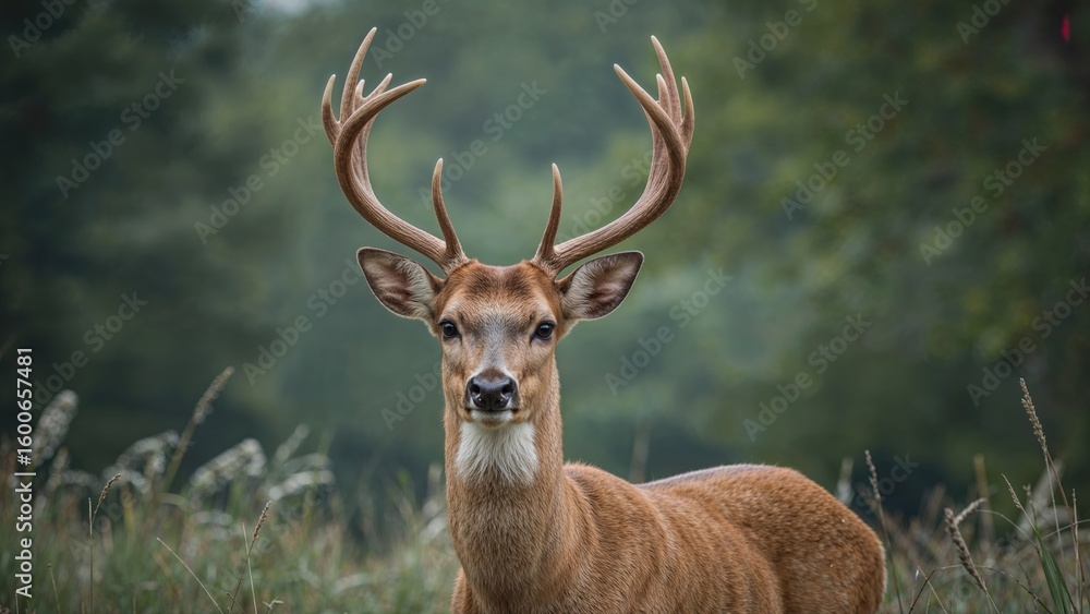 Fototapeta premium Antlered male deer standing and watching