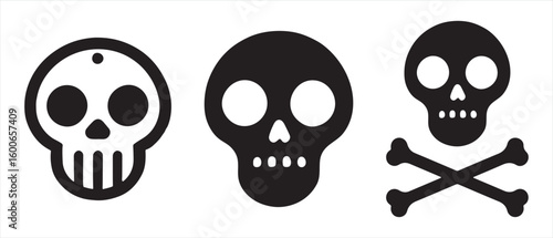 Collection of diverse skull and crossbones icons representing death danger and pirate themes isolated on a clean white background for versatile design applications