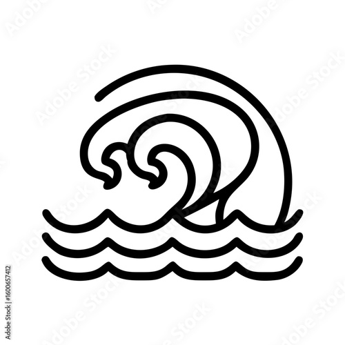 Vector art of a stylized black and white graphic illustration of a powerful ocean wave curling and breaking over rippling water