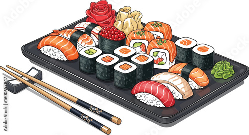 Enjoy a delicious assortment of sushi on a black tray, featuring salmon nigiri, tuna rolls, and California rolls, accompanied by ginger, wasabi, and chopsticks for a complete Japanese dining experienc