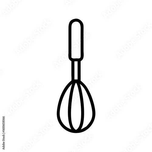 Vector art of a simple black and white outline drawing of a kitchen whisk with a long handle and a bulbous wire end