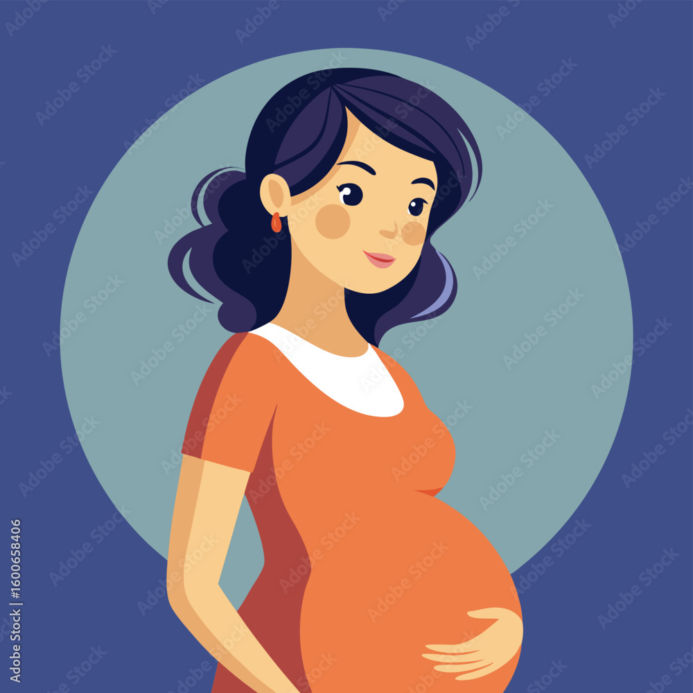 Asian pregnant woman in orange dress illustration with caring gesture on blue circular background. Maternity, motherhood and pregnancy concept for healthcare and baby shower Asian pregnant woman in orange dress illustration with caring gesture on blue circular background. Maternity, motherhood and pregnancy concept for healthcare and baby shower