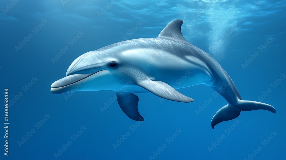 Fototapeta premium Dolphin swimming gracefully under ocean sunlight beams high resolution picture