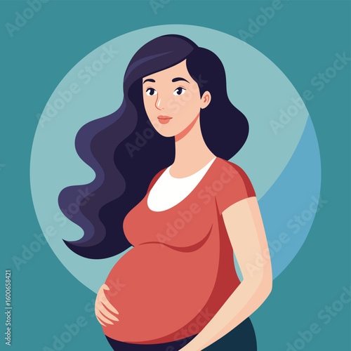 Pregnant asian woman in red shirt on turquoise background. Expectant mother holding belly. Maternity and motherhood concept. Pregnancy care illustration for medical poster