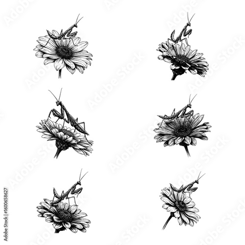 Praying Mantis on Flower - Vintage Entomology & Botanical Illustration Set