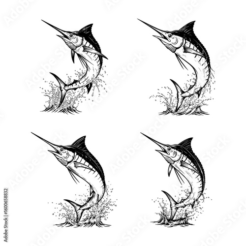 Jumping Marlin - Big Game Sport Fishing Graphic Illustration Set