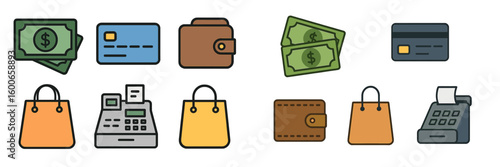 Variety of payment methods and financial icons displayed on a neutral background for retail and commerce themes