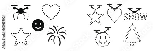 Display of drone light patterns celebrating a festive event at night in an urban environment with colorful designs and shapes