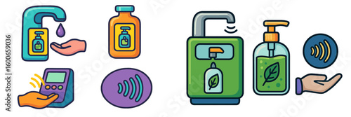 Hand washing and sanitizing illustrations showcasing liquid soap dispensers and hygiene products in a clean environment