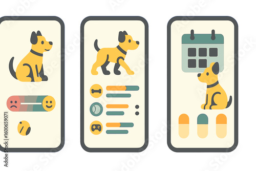 Dog health tracker application interface with pet mood and activity statistics displayed in three panels