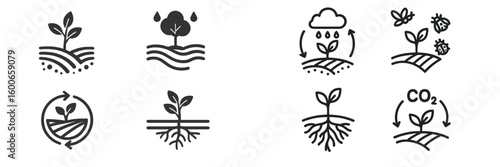 Symbols depicting environmental sustainability and agriculture practices for promoting green initiatives and eco-friendly gardening methods